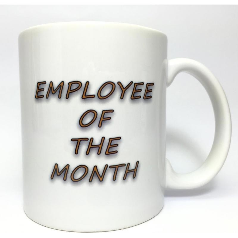 Tailorly White Ceramic 11 oz Mug - Employee Of The Month Minimalist White Ceramic Vessel Featuring Bold Textured Italicized Block Lettering Mug