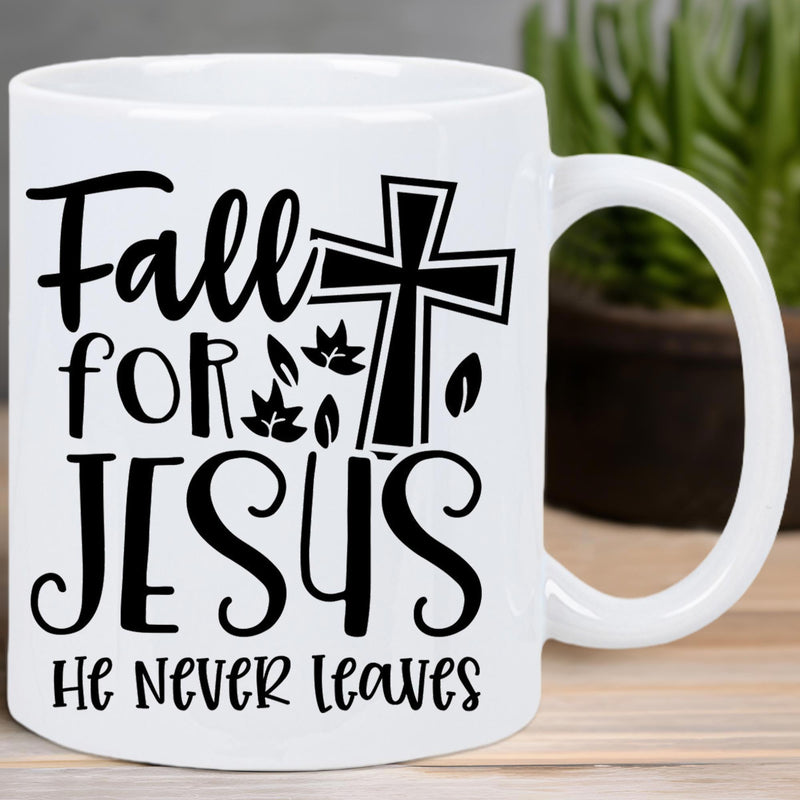 Tailorly White Ceramic 11 oz Mug - Fall For Jesus He Never Leaves Elegant Christian Symbol With Falling Autumn Leaves Decorative Religious Cross