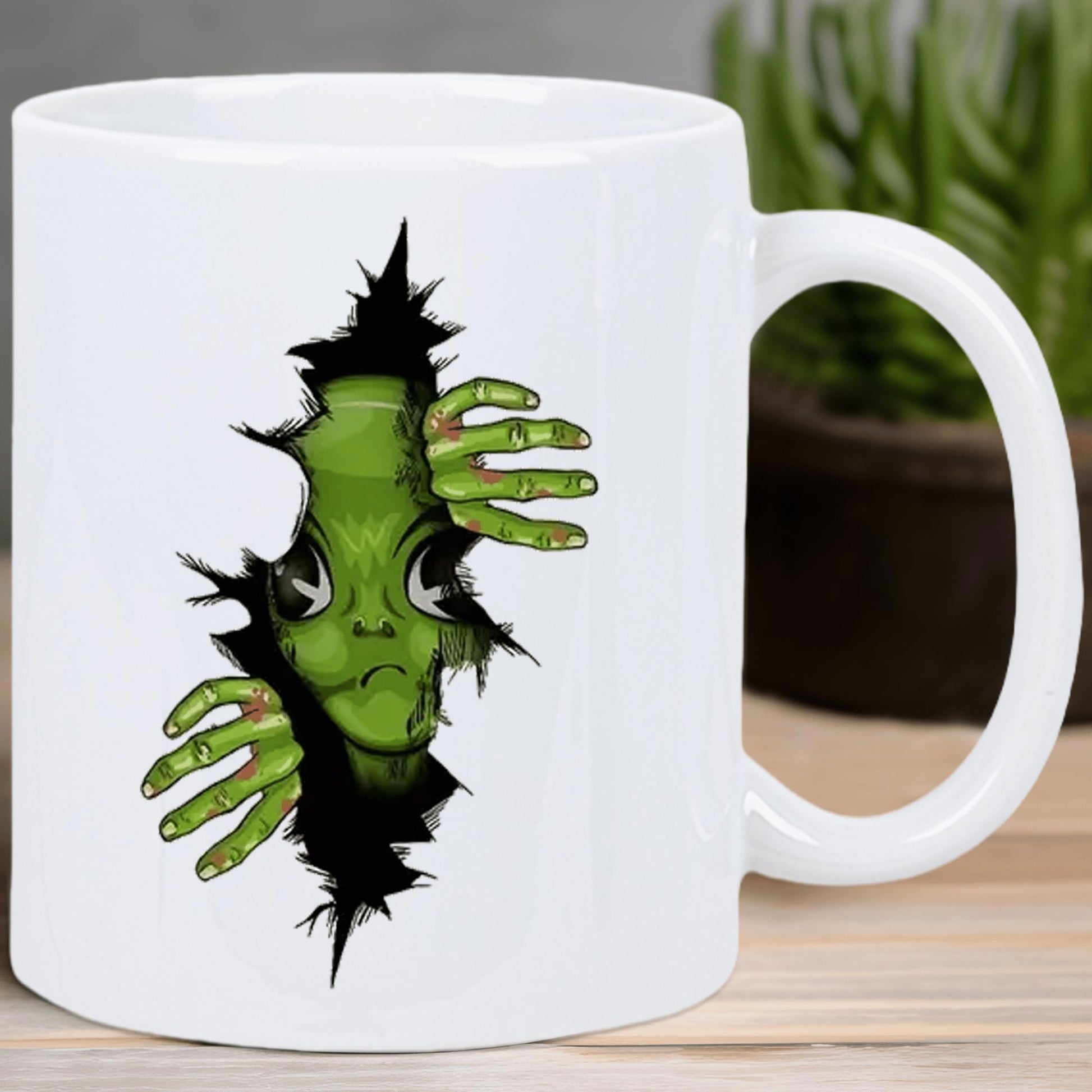 Tailorly White Ceramic 11 oz Mug - Green Extraterrestrial Creature Peering Through A Dark Jagged Hole In Space Alien