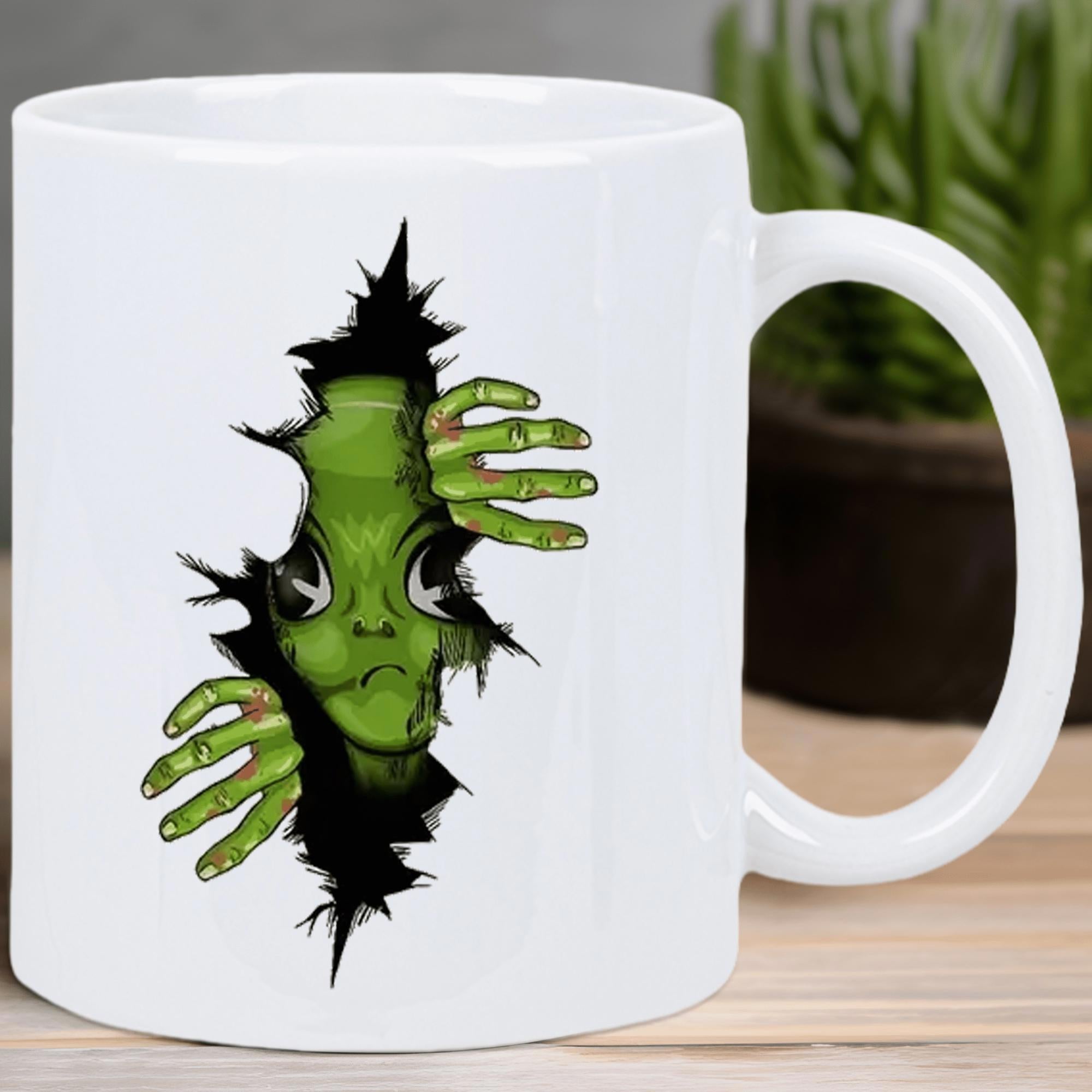 Tailorly White Ceramic 11 oz Mug - Green Extraterrestrial Creature Peering Through A Dark Jagged Hole In Space Alien