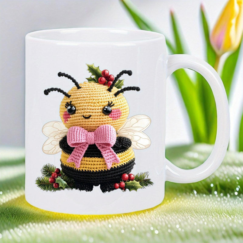 Tailorly White Ceramic 11 oz Mug - Adorable Crochet Bumblebee Wearing Pink Bow Among Festive Holly Berries Bee