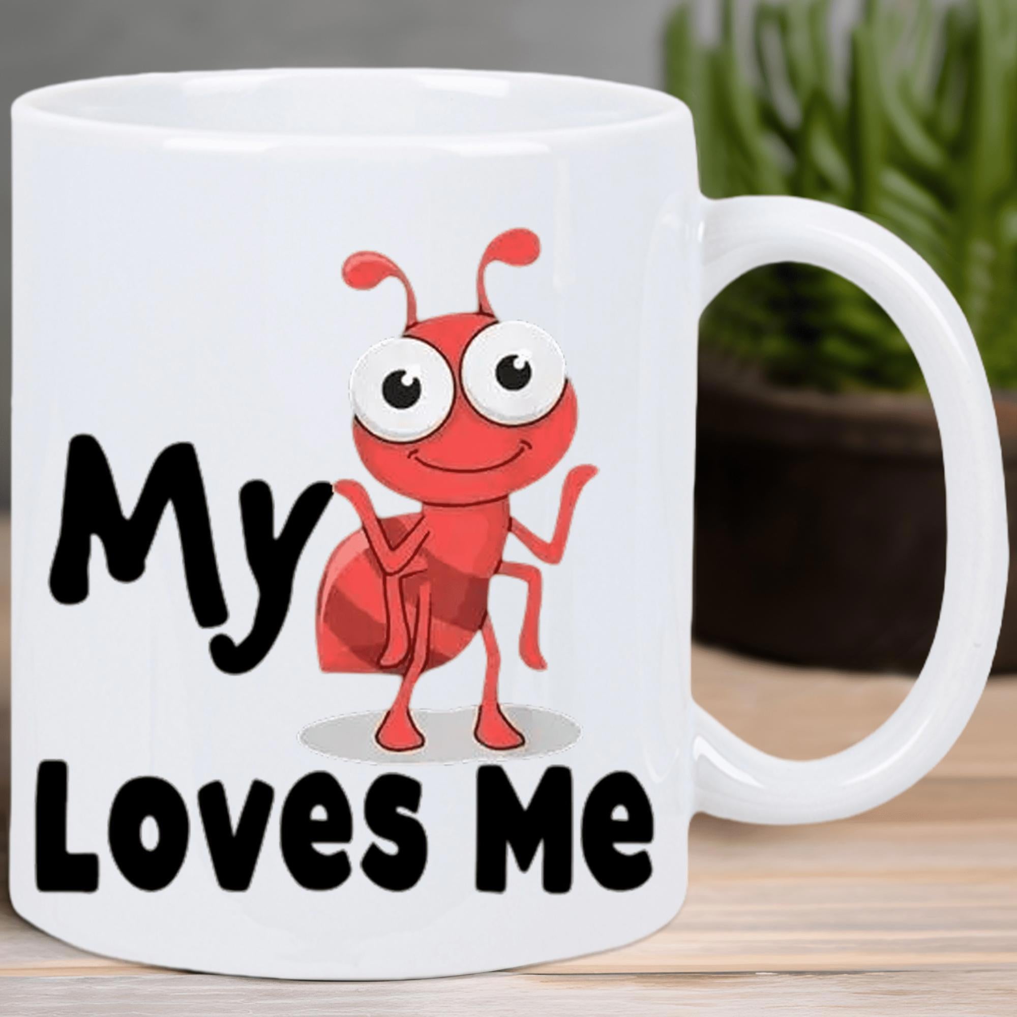 Tailorly White Ceramic 11 oz Mug - My Loves Me Cute Smiling Red Cartoon Insect Standing With Big Friendly Eyes Ant