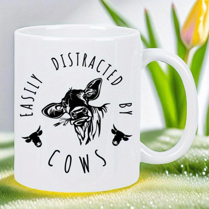 Tailorly White Ceramic 11 oz Mug - Easily Distracted By Cows Minimalist Black Ink Sketch Of A Grazing Farm Animal Countryside Cow