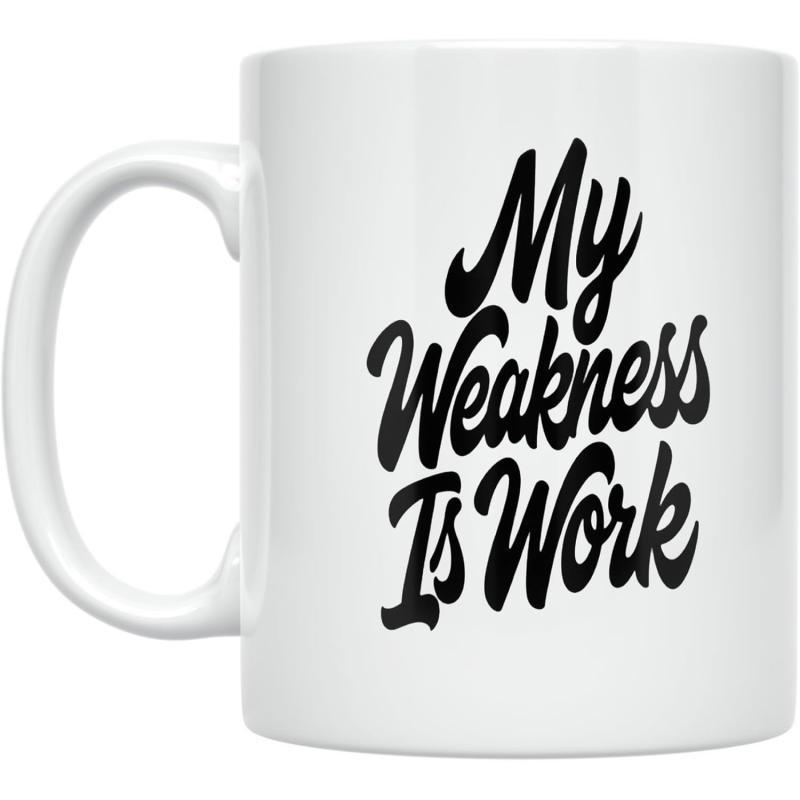 Tailorly White Ceramic 11 oz Mug - My Weakness Is Work Minimalist Ceramic Surface Displaying Bold Black Script Typography Clean Mug