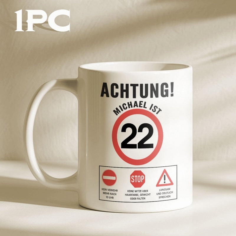 Tailorly White Ceramic 11 oz Mug - Stop Michael Ceramic White Surface Featuring Bold Red European Traffic Warning Symbols Mug