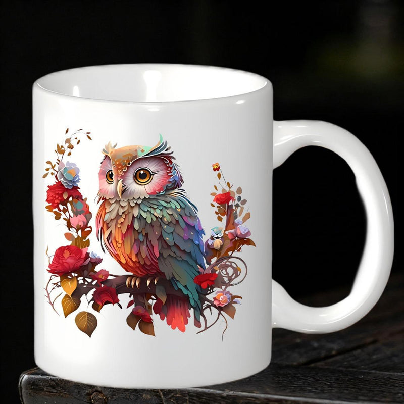 Tailorly White Ceramic 11 oz Mug - Vibrant Watercolor Feathers Perched On A Red Floral Branch Majestic Owl