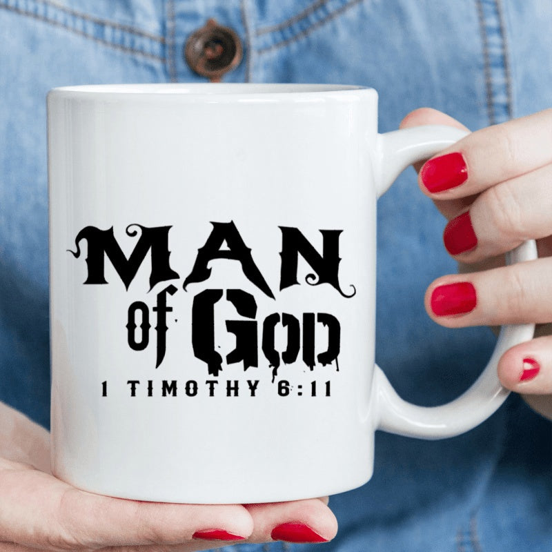 Tailorly White Ceramic 11 oz Mug - Man Of God 1 Timothy 6 11 Bold Distressed Typography Featuring Inspirational Religious Scriptural Message Quote