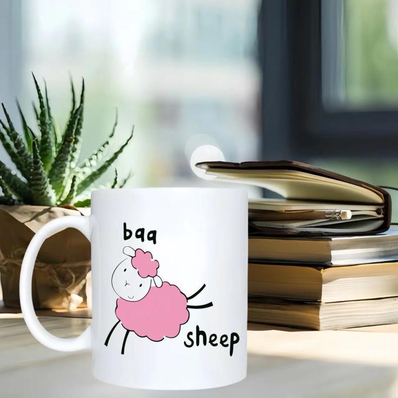 Tailorly White Ceramic 11 oz Mug - Baa Sheep Minimalist Pink Woolly Character Jumping Through Clean White Empty Space Sheep