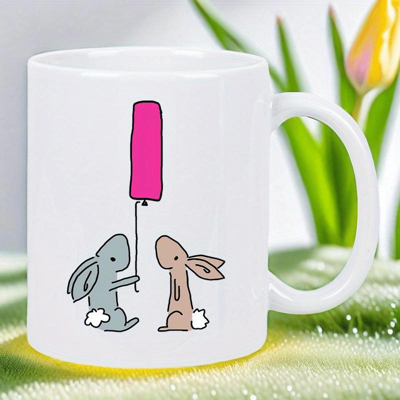 Tailorly White Ceramic 11 oz Mug - Delicate Hand Drawn Minimalist Bunnies Sharing A Pink Floating Balloon Rabbit
