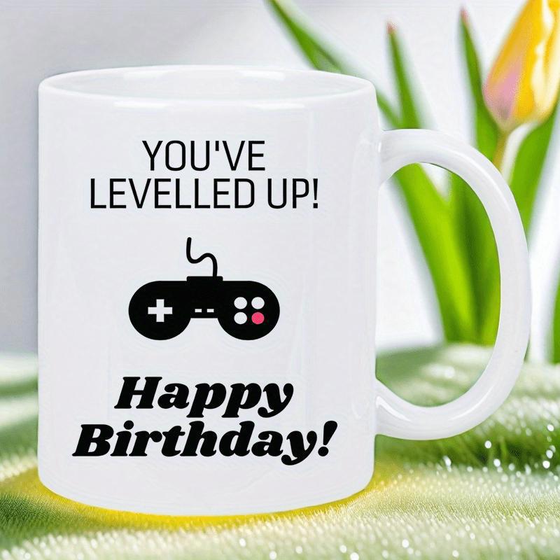 Tailorly White Ceramic 11 oz Mug - Youve Levelled Up Happy Birthday Classic Retro Style Icon With Bold Celebration Text For Gamers Controller