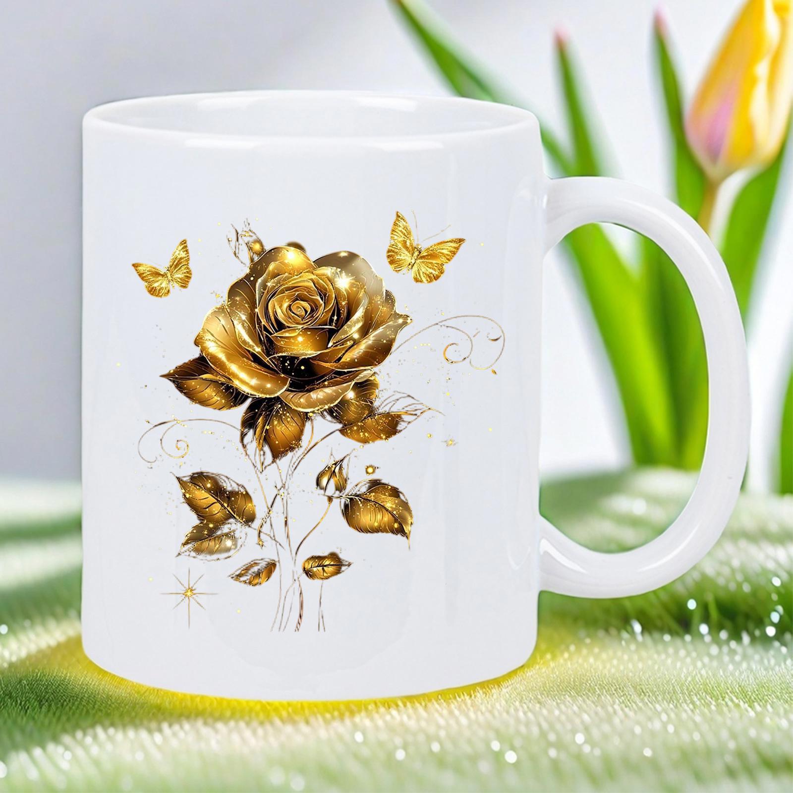 Tailorly White Ceramic 11 oz Mug - Elegant Golden Metallic Floral Design With Butterflies Dancing Around A Blooming Rose