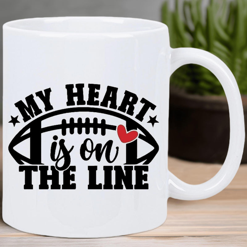Tailorly White Ceramic 11 oz Mug - My Heart Is On The Line Sports Themed Silhouette Featuring A Red Heart With Stars Around A Football