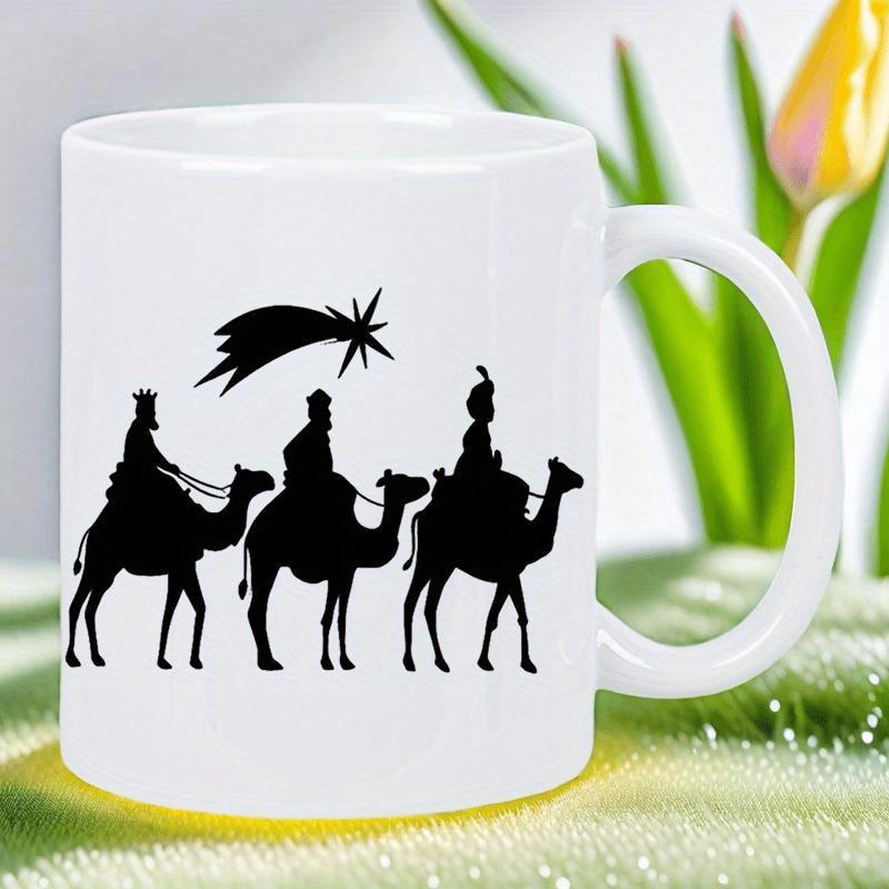 Tailorly White Ceramic 11 oz Mug - Black Silhouette Of Three Magi Riding Under The Starry Sky Camels