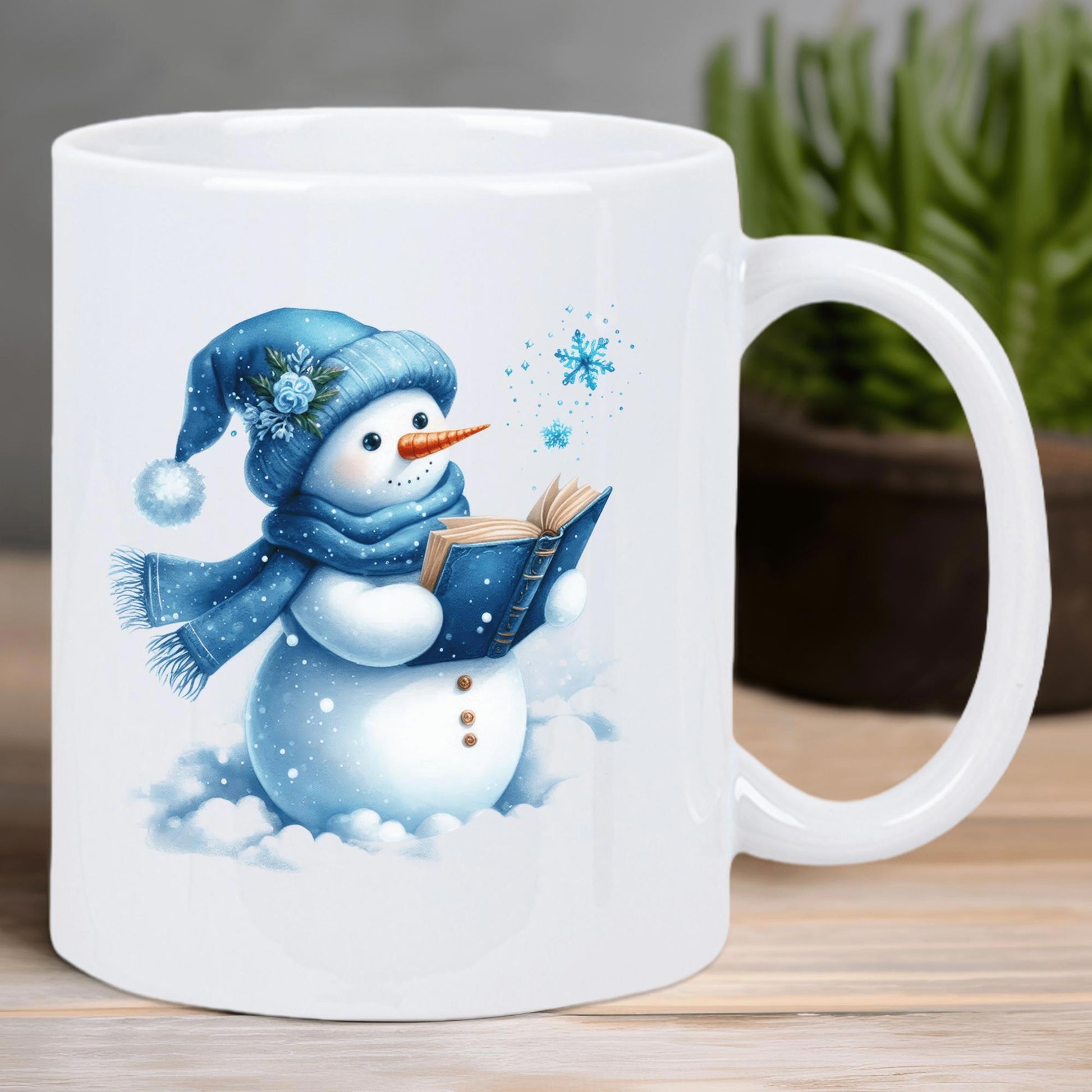 Tailorly White Ceramic 11 oz Mug - Charming Winter Scene With Cute Knitted Hat And Scarf Reading Snowman
