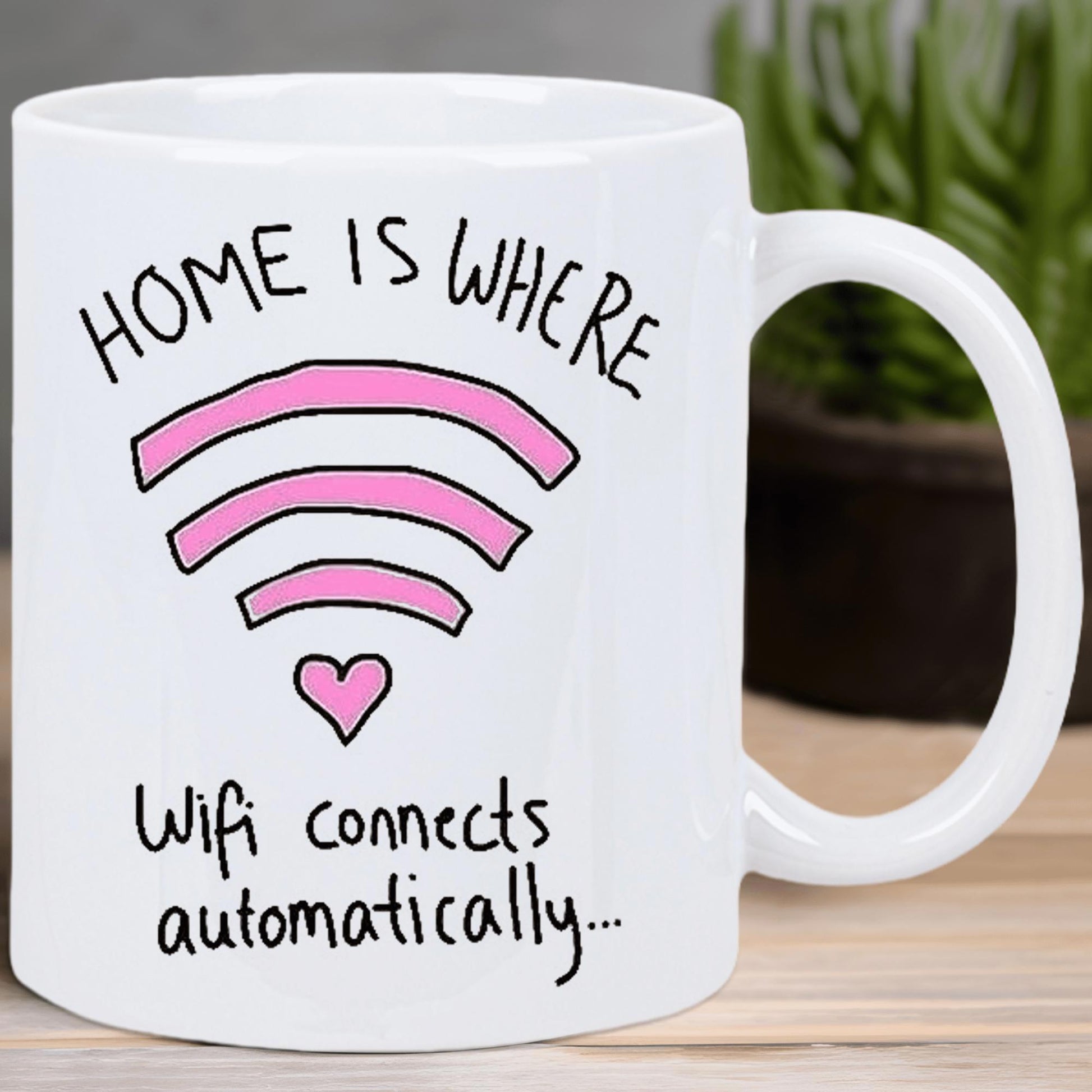 Tailorly White Ceramic 11 oz Mug - Home Is Where Wifi Connects Automatically Minimalist Pink Waves Forming A Digital Connectivity Symbol With Heart Signal