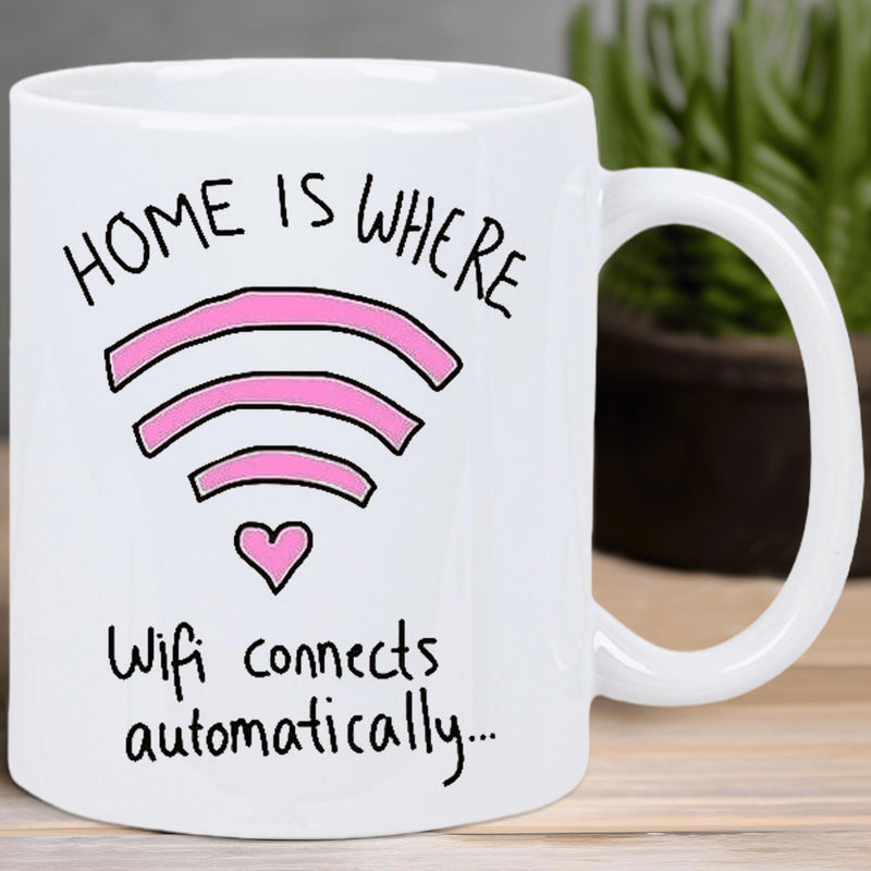 Tailorly White Ceramic 11 oz Mug - Home Is Where Wifi Connects Automatically Minimalist Pink Waves Forming A Digital Connectivity Symbol With Heart Signal