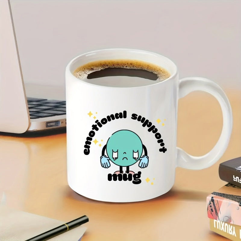 Tailorly White Ceramic 11 oz Mug - Emotional Support Mug Sad Teal Circular Character With Little Hands And Golden Sparkles Character