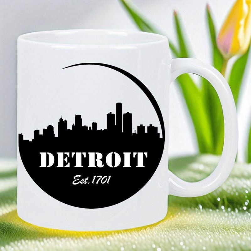 Tailorly White Ceramic 11 oz Mug - Detroit Est 1701 Detailed Urban Architecture Silhouette Resting Inside A Classic Circular Frame Skyline