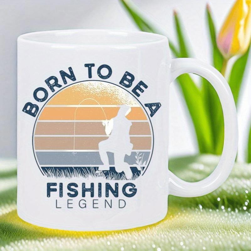 Tailorly White Ceramic 11 oz Mug - Born To Be A Fishing Legend Retro Sunset With Horizontal Stripes Behind Silhouette Of Man Casting Rod Fisherman