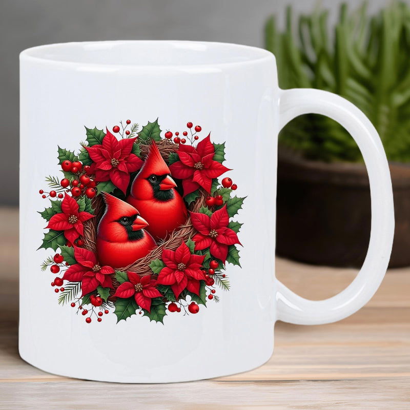 Tailorly White Ceramic 11 oz Mug - Festive Christmas Poinsettia Wreath With Vibrant Red Winter Songbird Cardinal