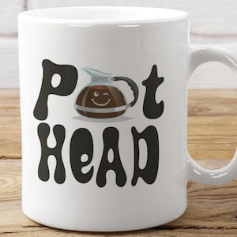 Tailorly White Ceramic 11 oz Mug - Pot Head Groovy Retro Script Featuring A Cute Winking Smiley Face Coffee Pot