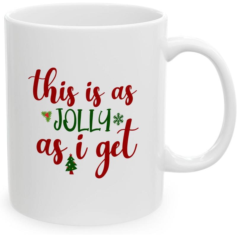 Tailorly White Ceramic 11 oz Mug - This Is As Jolly As I Get Festive Christmas Ornaments With Elegant Red Script And A Tiny Pine Tree