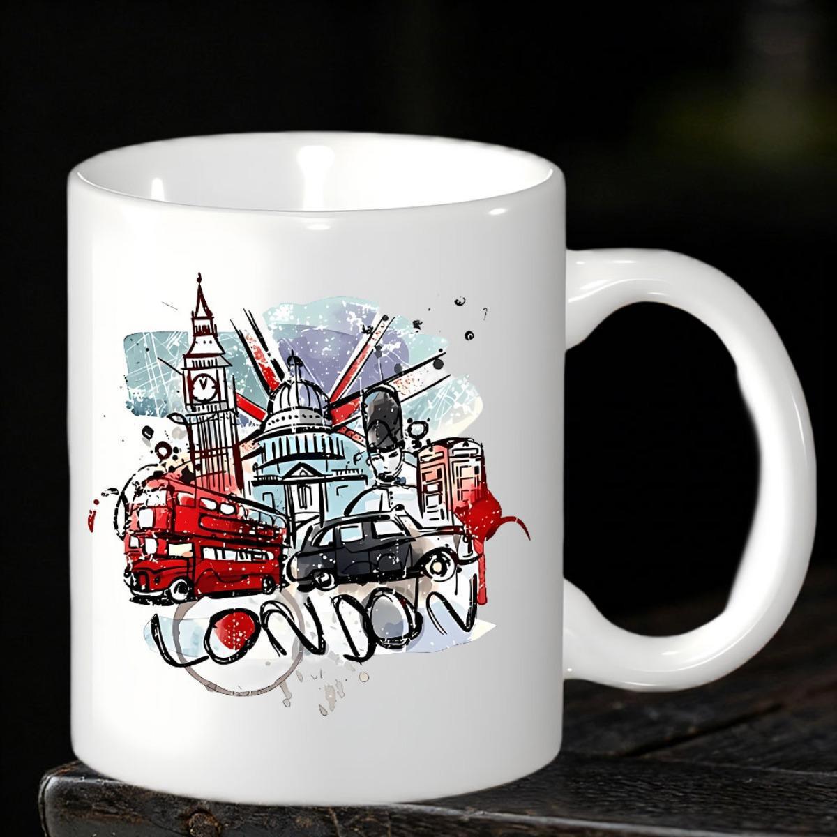 Tailorly White Ceramic 11 oz Mug - London Artistic Sketch Featuring Big Ben And Iconic Red Double Decker Bus London