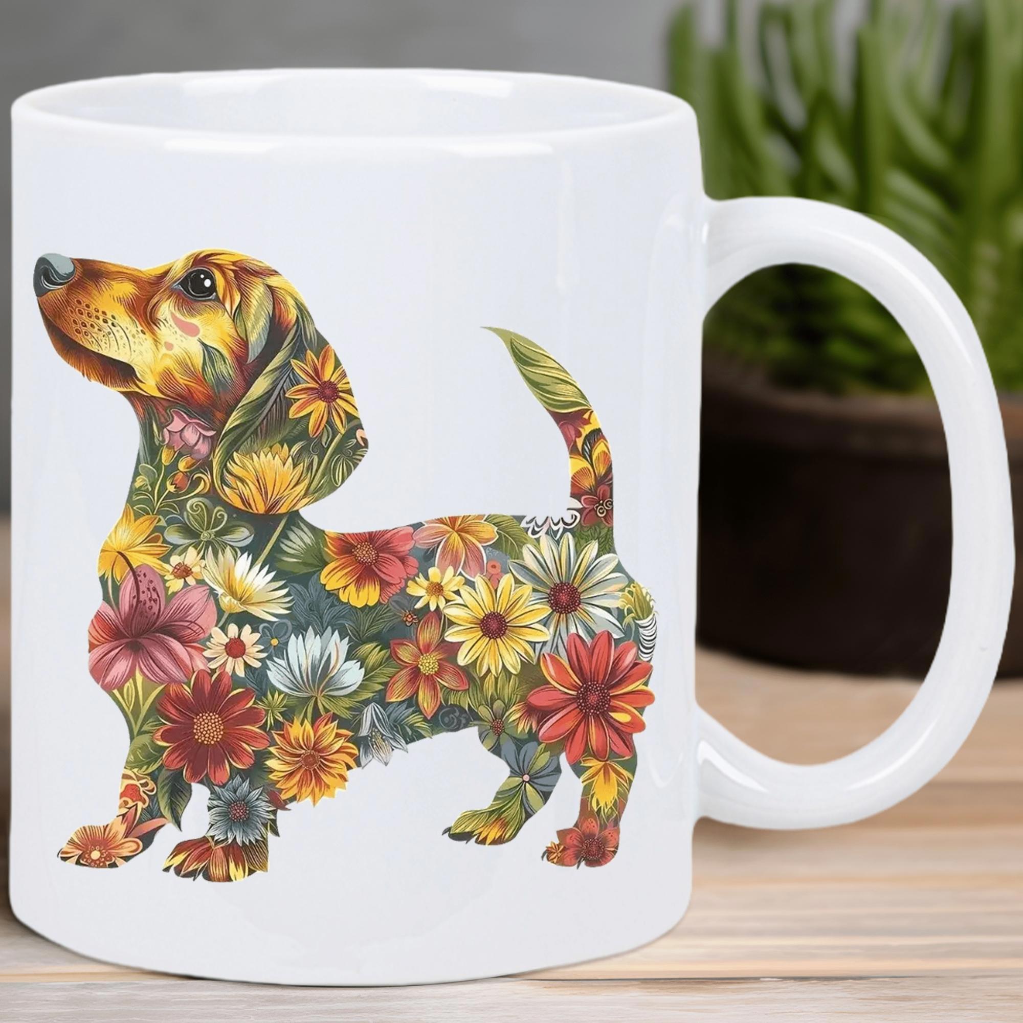 Tailorly White Ceramic 11 oz Mug - Artistic Vibrant Floral Patterns Forming The Silhouette Of A Standing Dachshund