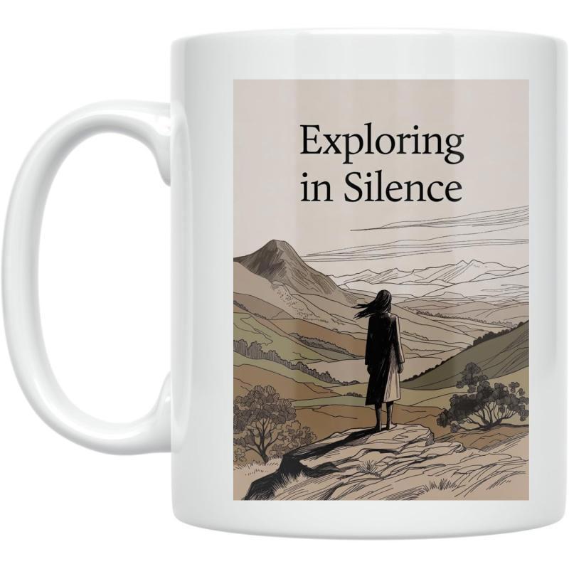 Tailorly White Ceramic 11 oz Mug - Exploring In Silence Peaceful Figure Standing On Rugged Terrain Under A Vast Calm Sky Mountain