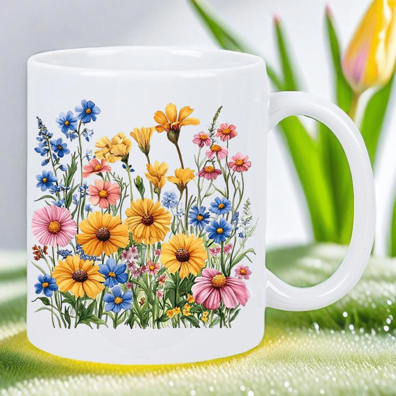 Tailorly White Ceramic 11 oz Mug - Vibrant Colorful Meadow Wildflowers Blooming With Elegant Stems And Delicate Leaves Wildflower