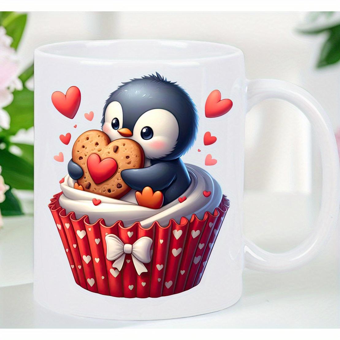 Tailorly White Ceramic 11 oz Mug - Adorable Cartoon Character Holding A Heart Cookie Sitting In Cupcake Penguin