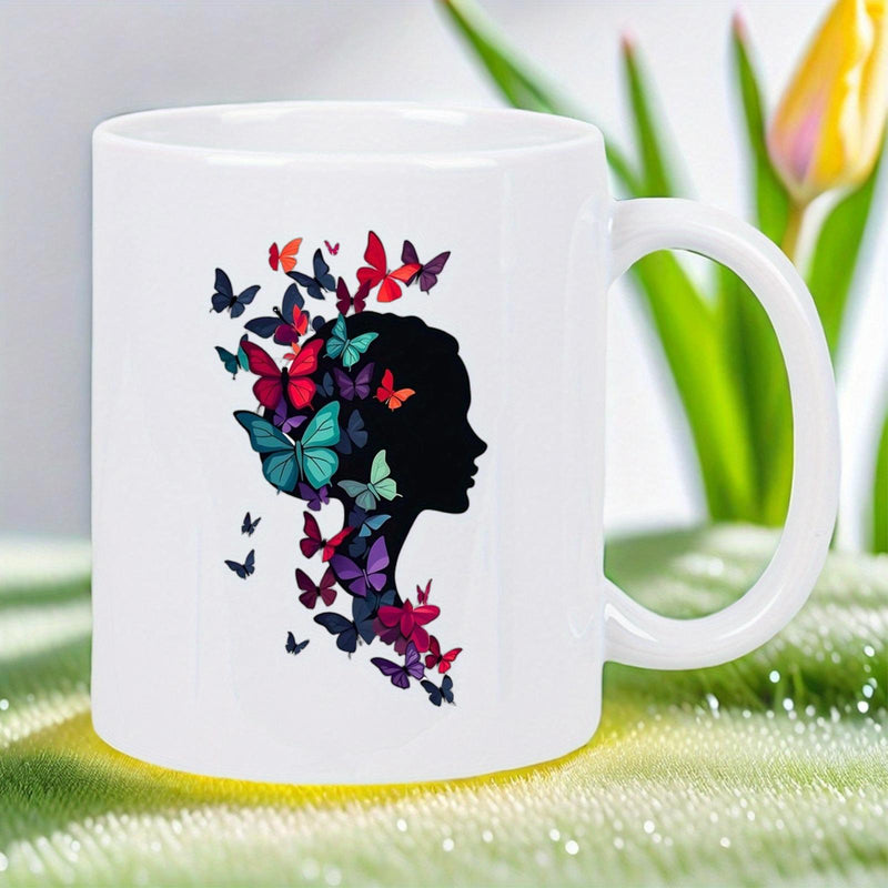 Tailorly White Ceramic 11 oz Mug - Vibrant Colorful Butterflies Gracefully Fluttering Around Elegant Woman Profile Silhouette