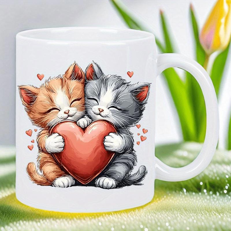 Tailorly White Ceramic 11 oz Mug - Two Adorable Kittens Hugging A Large Red Heart With Floating Hearts Cat