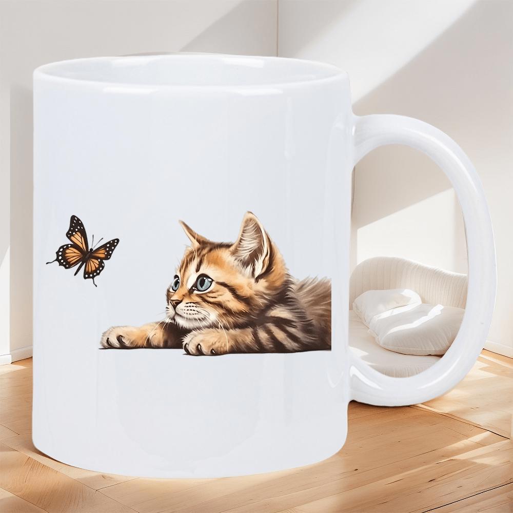 Tailorly White Ceramic 11 oz Mug - Adorable Tabby Kitten Watching A Small Butterfly Hovering In The Air Kitten