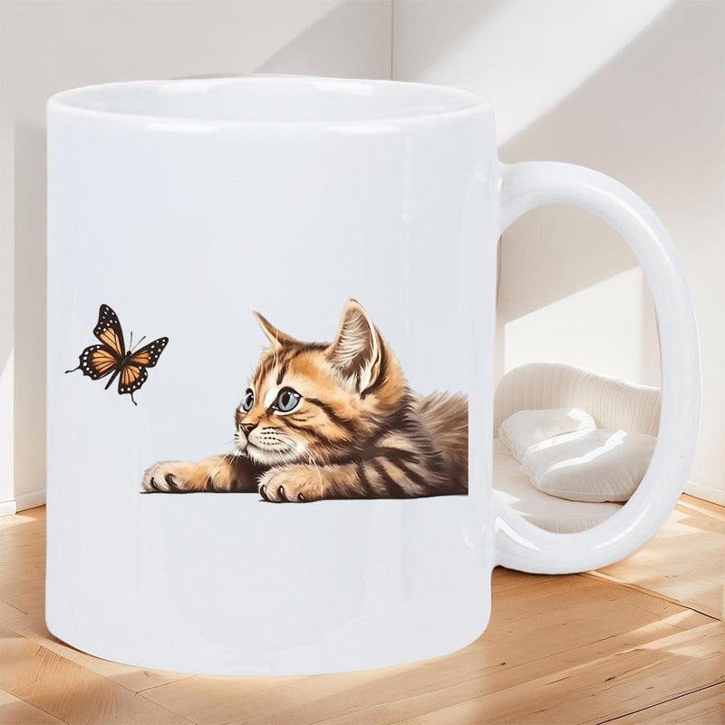 Tailorly White Ceramic 11 oz Mug - Adorable Tabby Kitten Watching A Small Butterfly Hovering In The Air Kitten