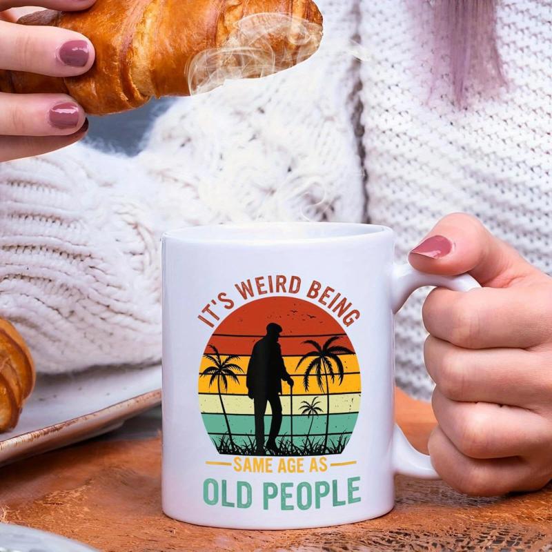 Tailorly White Ceramic 11 oz Mug - Its Weird Being Same Age As Old People Silhouette Of Elderly Person Walking With Cane Under Tropical Retro Sunset Man