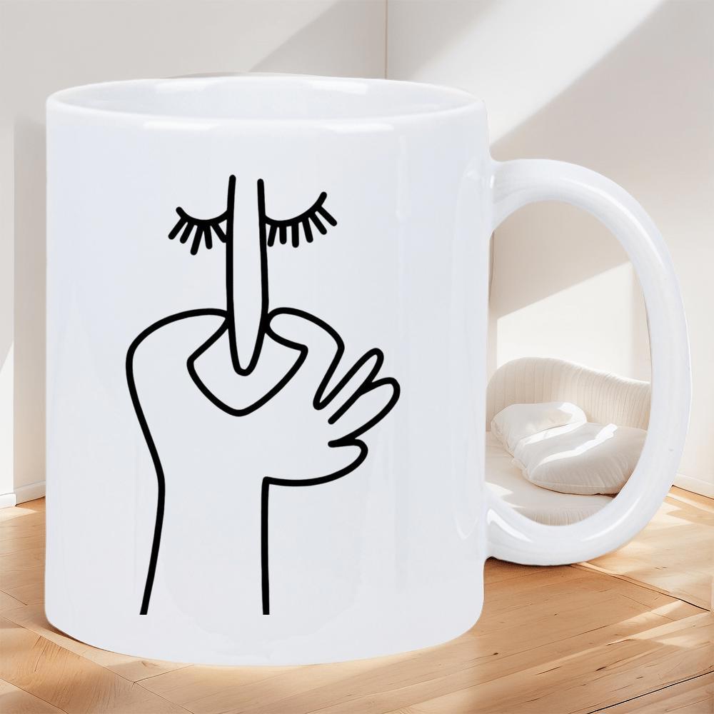 Tailorly White Ceramic 11 oz Mug - Minimalist Black Line Drawing Featuring A Hand Pinching A Stylized Nose