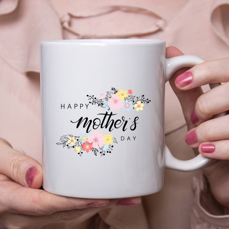 Tailorly White Ceramic 11 oz Mug - Happy Mother's Day Gentle Pastel Flowers And Decorative Leaves Surrounding Elegant Script On