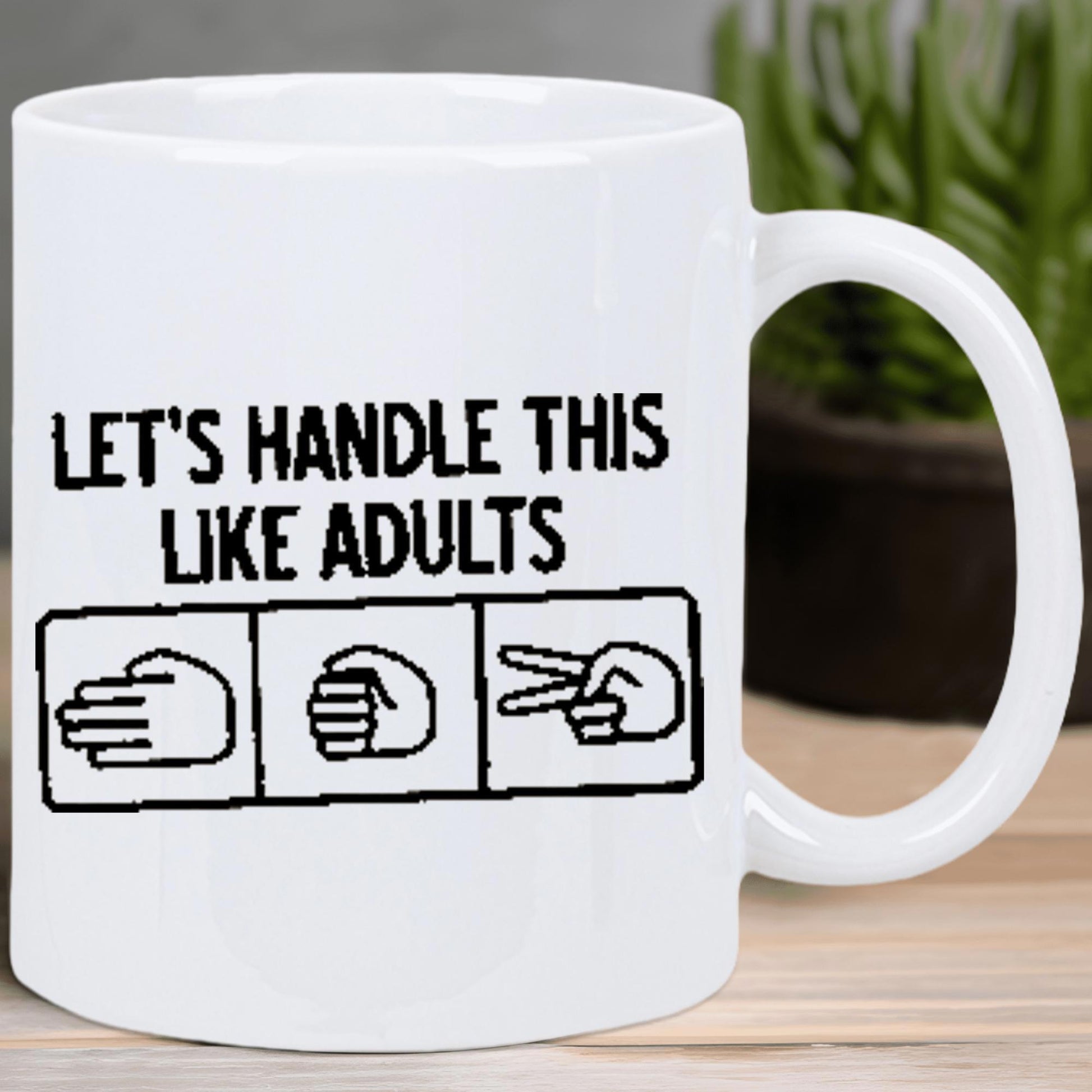 Tailorly White Ceramic 11 oz Mug - Lets Handle This Like Adults Hand Gestures Representing Rock Paper Scissors Game Inside Square Frames Mug