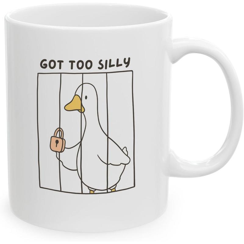 Tailorly White Ceramic 11 oz Mug - Got Too Silly Minimalist Cartoon Duck Behind Iron Prison Bars Holding A Small Lock Duck