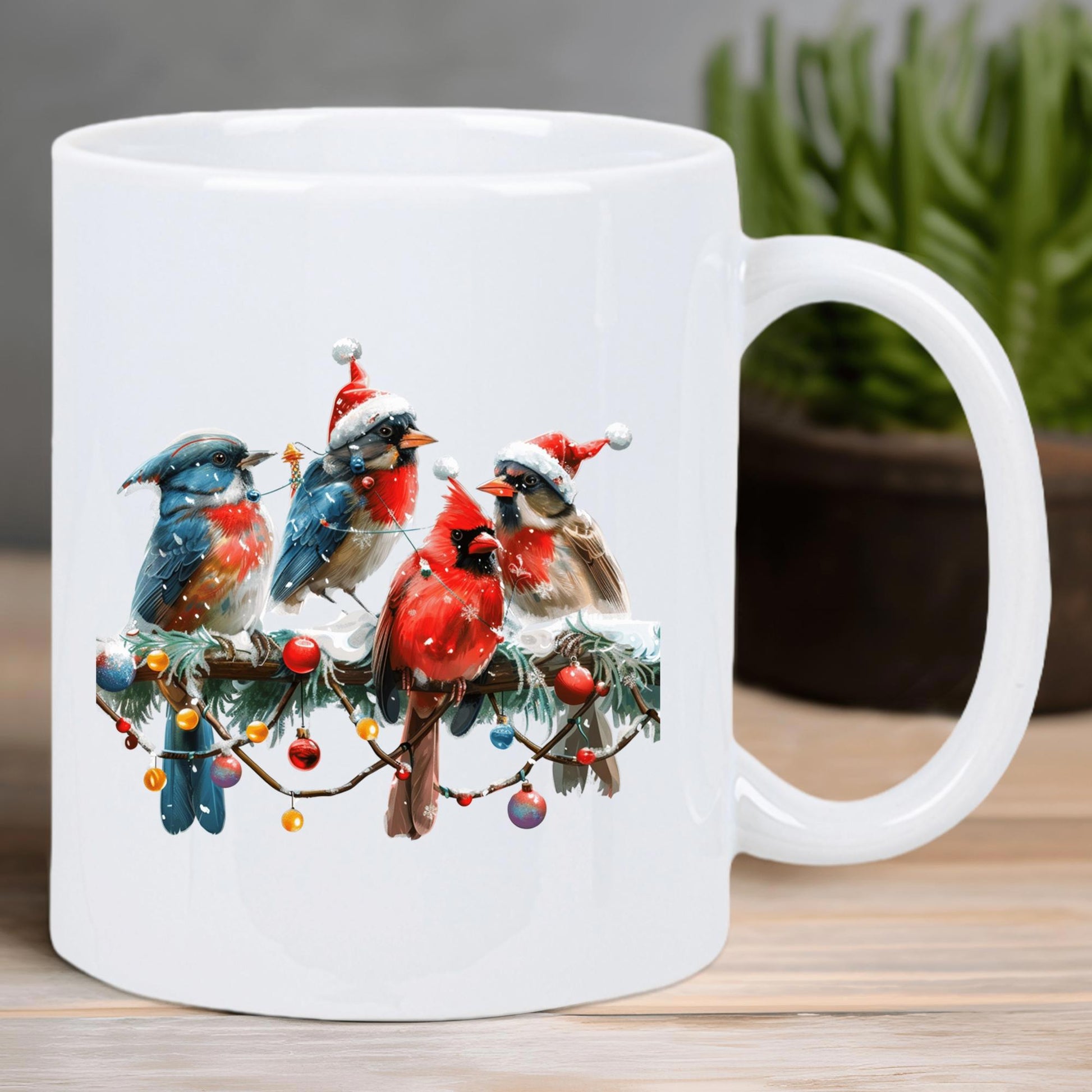 Tailorly White Ceramic 11 oz Mug - Festive Christmas Birds Wearing Tiny Santa Hats Perched On Snowy Pine Branch Bird