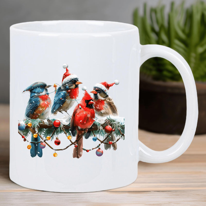Tailorly White Ceramic 11 oz Mug - Festive Christmas Birds Wearing Tiny Santa Hats Perched On Snowy Pine Branch Bird