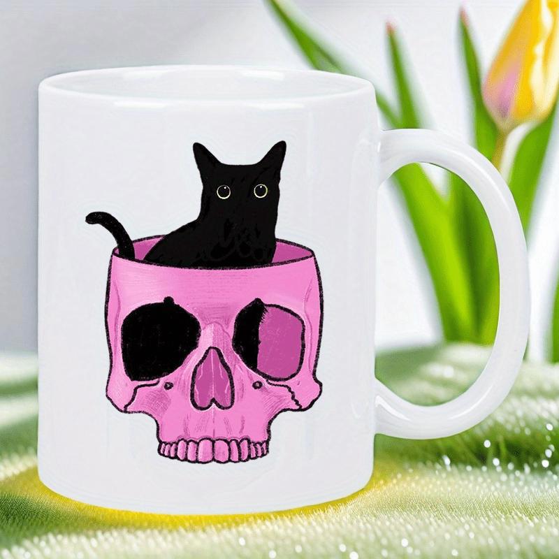 Tailorly White Ceramic 11 oz Mug - Mystical Black Kitten Peeking From Inside A Vibrant Pink Decorative Human Skull Cat