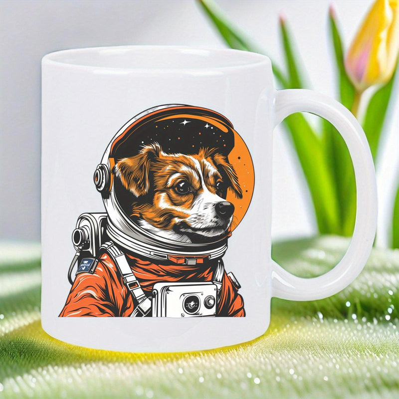 Tailorly White Ceramic 11 oz Mug - Cute Brown Pup Wearing Detailed Astronaut Helmet Inside Bright Round Orange Background Dog