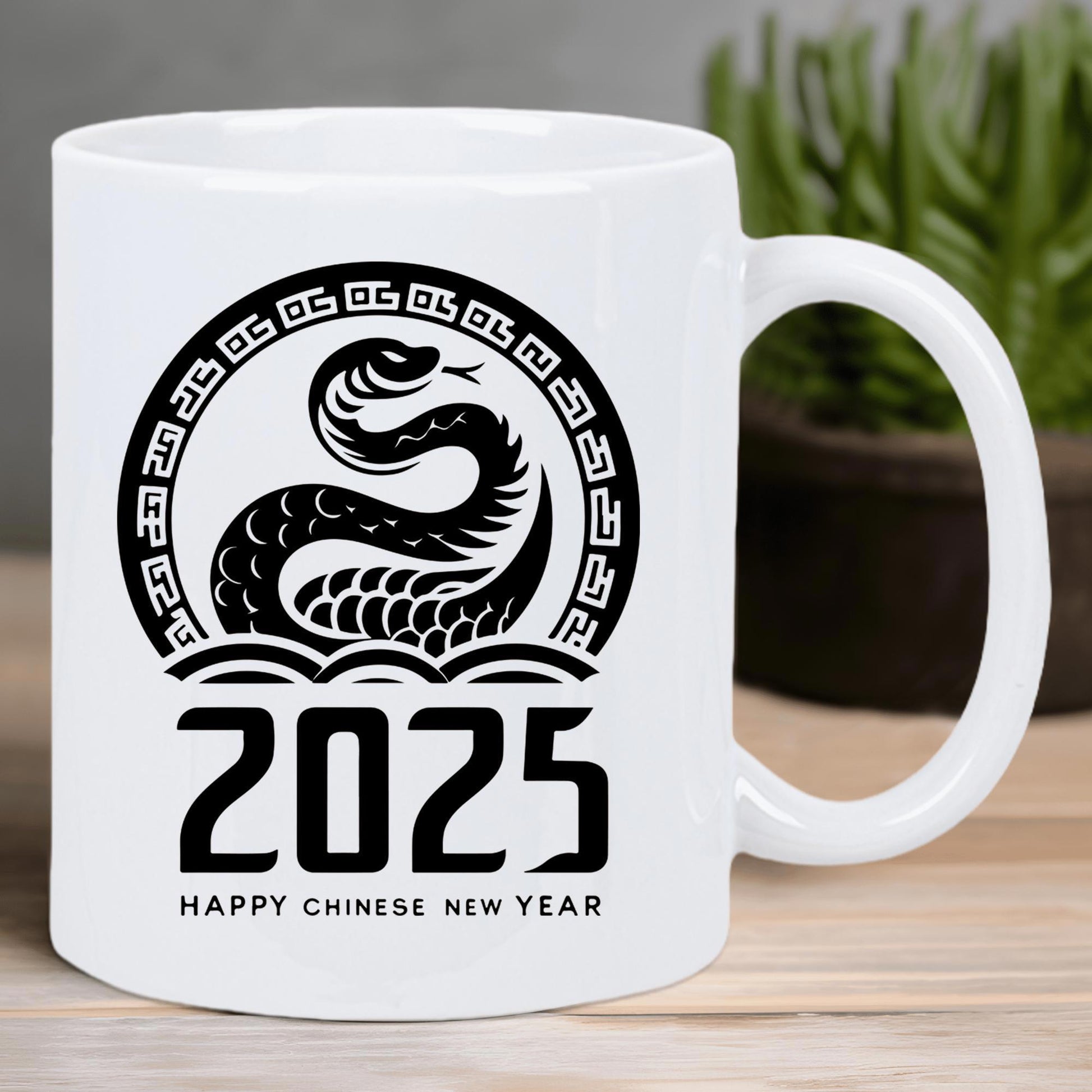 Tailorly White Ceramic 11 oz Mug - 2025 Happy Chinese New Year Stylized Black Serpent Within Geometric Circular Frame Above Traditional Water Waves Snake