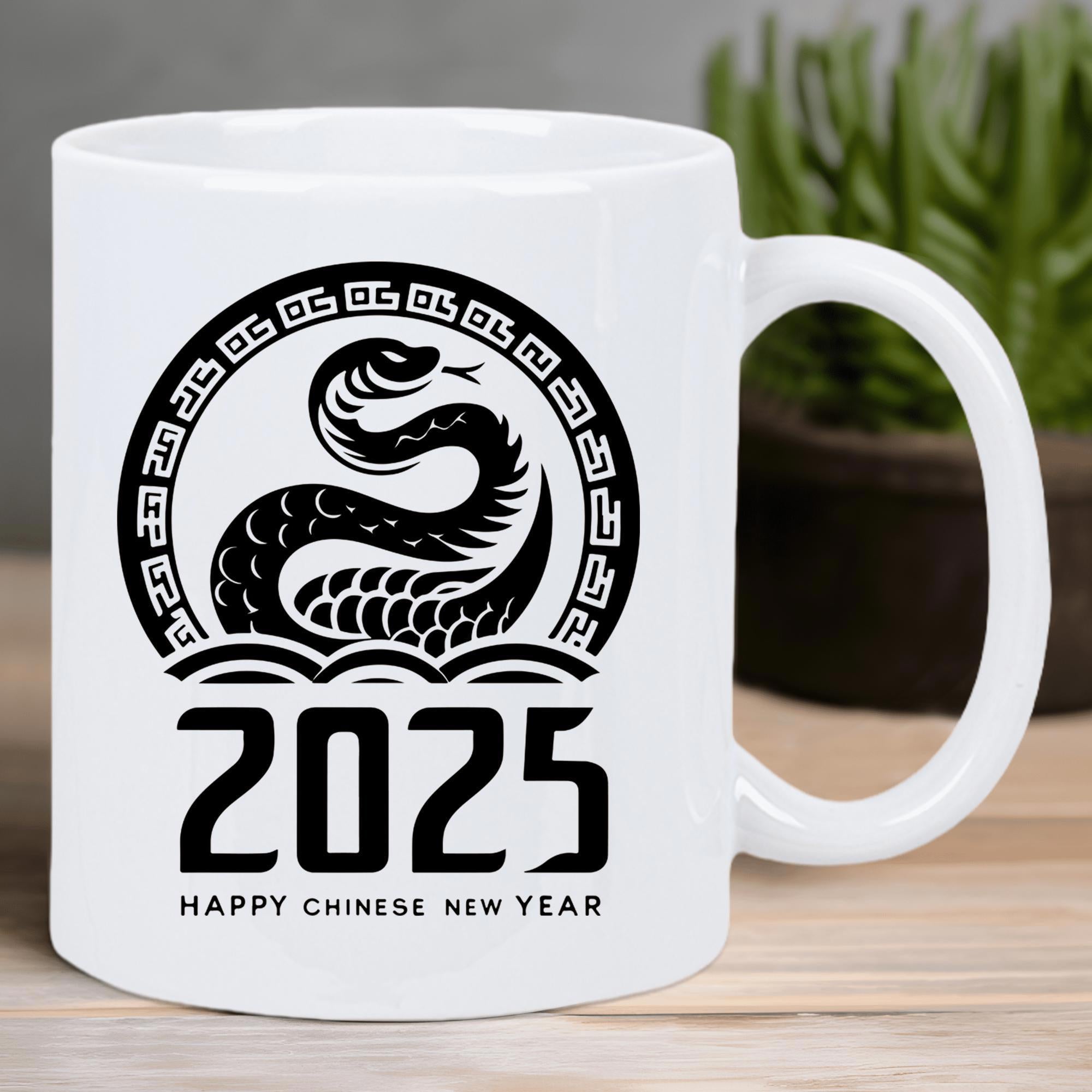 Tailorly White Ceramic 11 oz Mug - 2025 Happy Chinese New Year Stylized Black Serpent Within Geometric Circular Frame Above Traditional Water Waves Snake