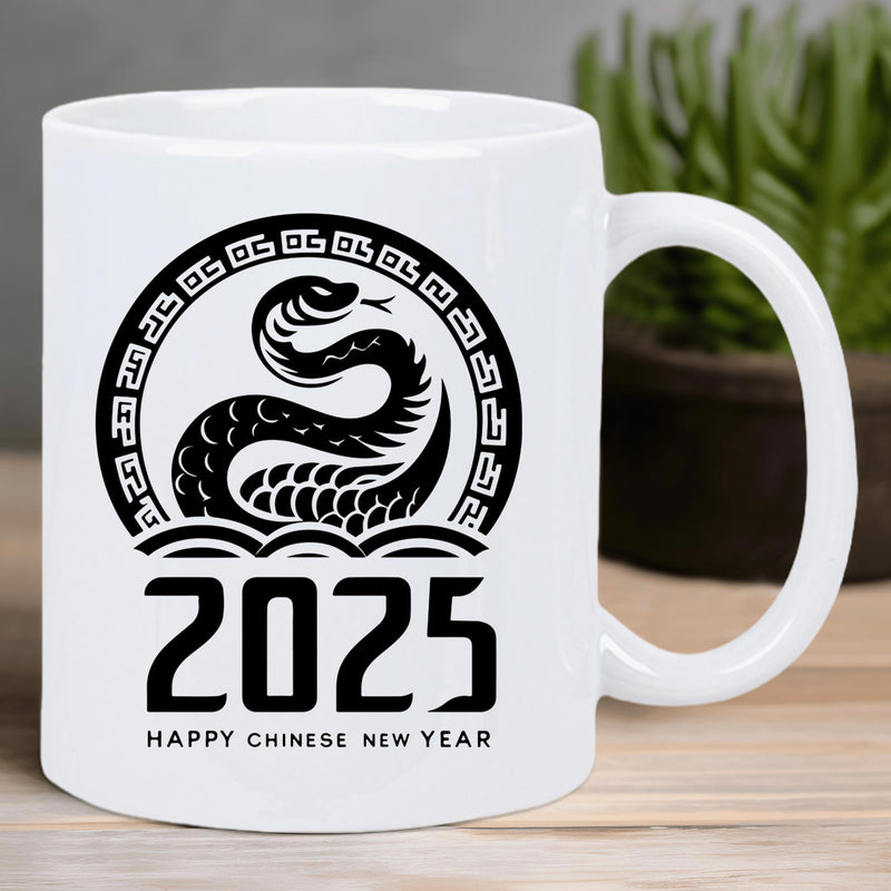 Tailorly White Ceramic 11 oz Mug - 2025 Happy Chinese New Year Stylized Black Serpent Within Geometric Circular Frame Above Traditional Water Waves Snake