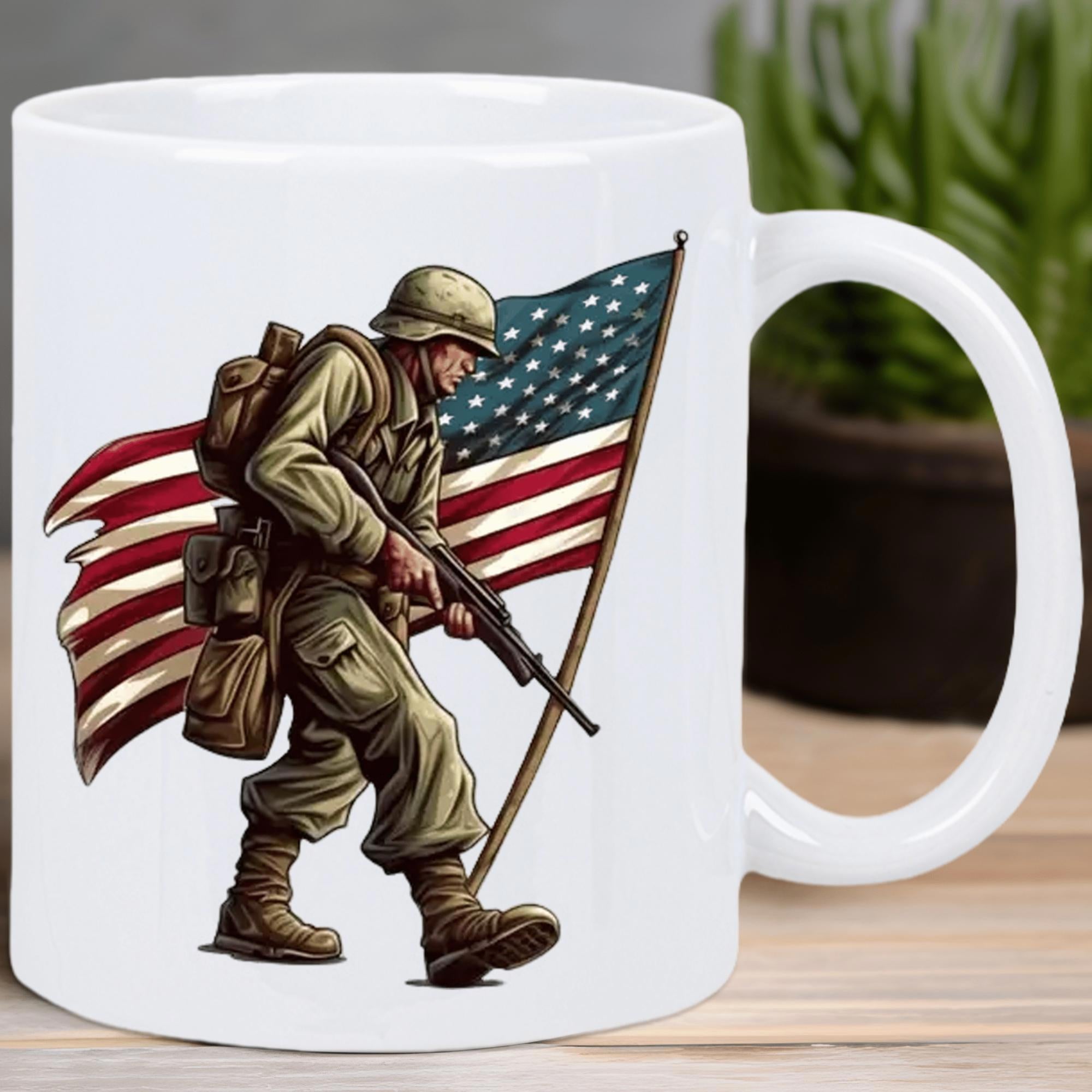 Tailorly White Ceramic 11 oz Mug - Brave Military Veteran Carrying Rifle Before A Tattered Waving American Flag Soldier