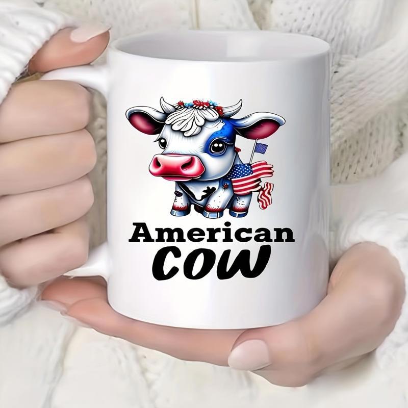 Tailorly White Ceramic 11 oz Mug - American Cow Patriotic Baby Calf Decorated With Stars And Stripes Pattern Cow