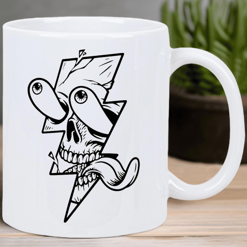 Tailorly White Ceramic 11 oz Mug - Edgy Black And White Lightning Bolt With Cracked Detailed Graphic Skull